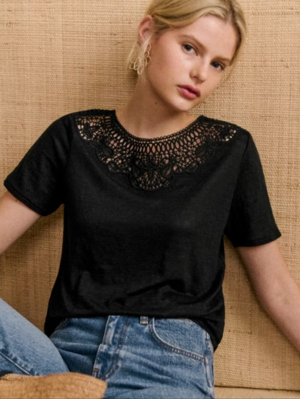 Sezane Vilma Black Top Crochet Yoke Short Sleeve